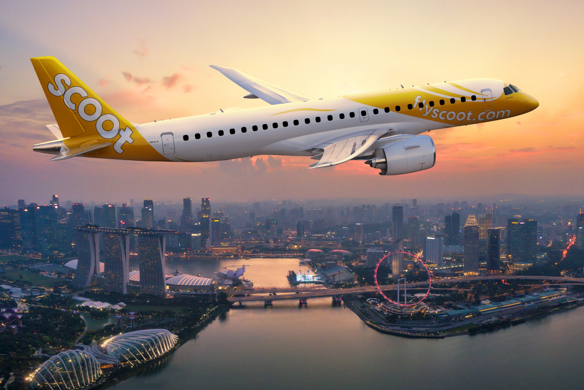 Scoot Embraer E190-E2 over Singapore. Click to enlarge.